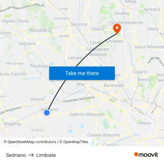 Sedriano to Limbiate map