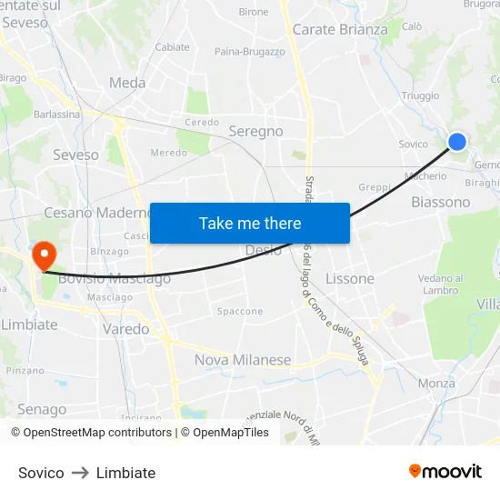 Sovico to Limbiate map