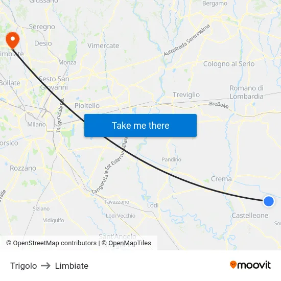 Trigolo to Limbiate map