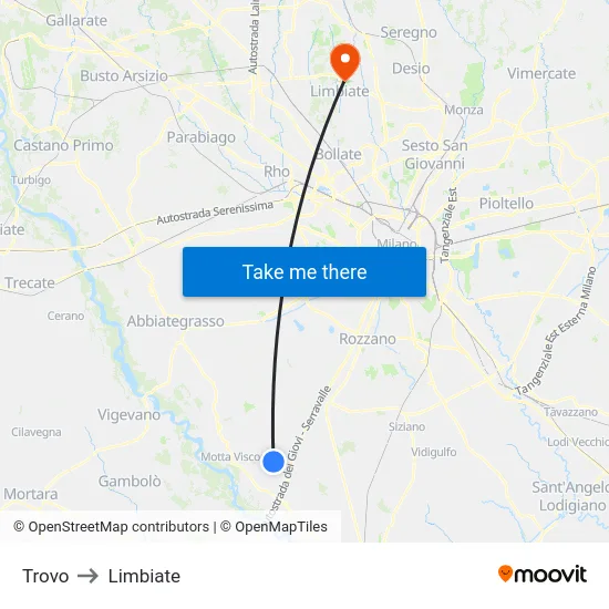 Trovo to Limbiate map