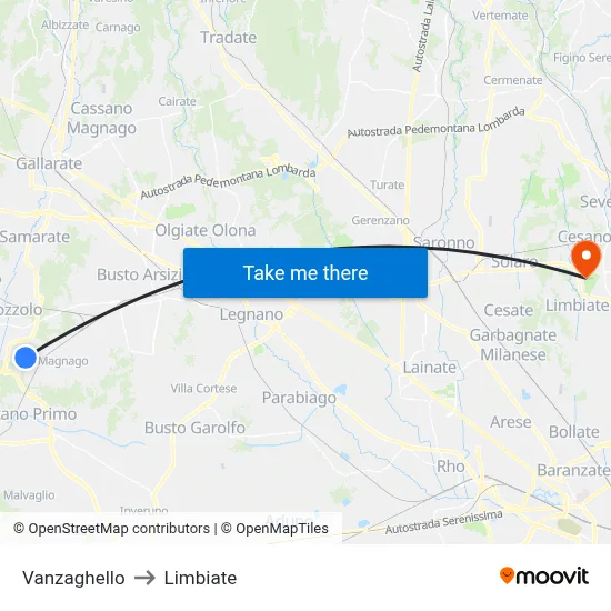 Vanzaghello to Limbiate map