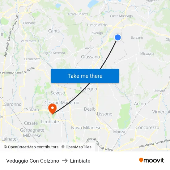 Veduggio Con Colzano to Limbiate map
