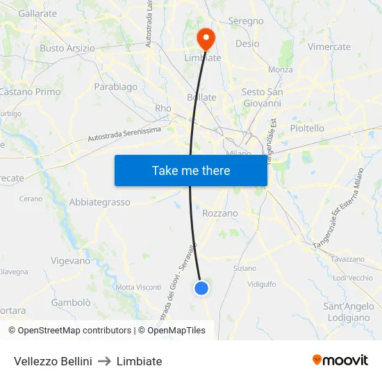 Vellezzo Bellini to Limbiate map