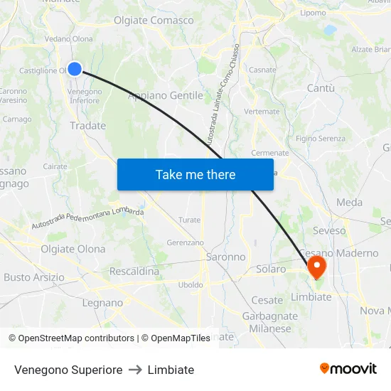 Venegono Superiore to Limbiate map
