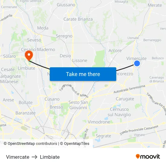 Vimercate to Limbiate map