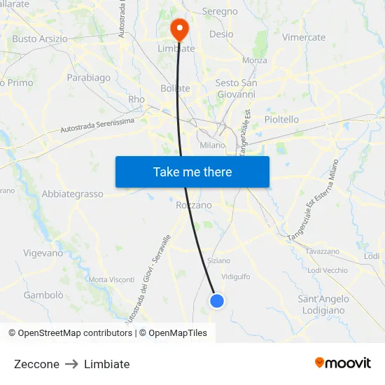 Zeccone to Limbiate map