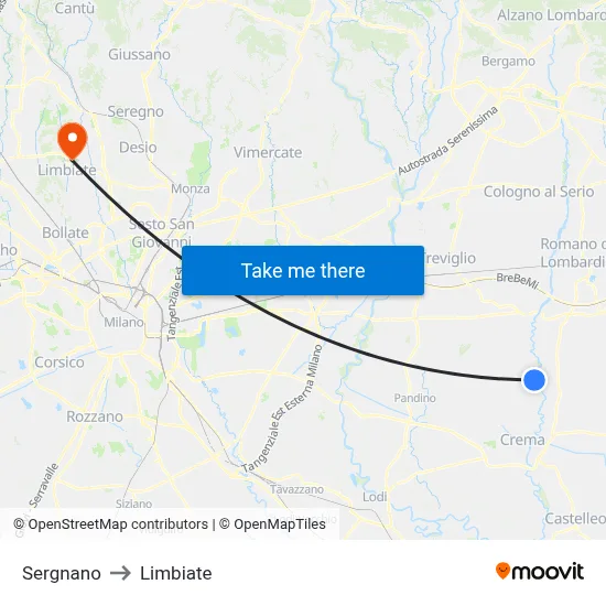 Sergnano to Limbiate map