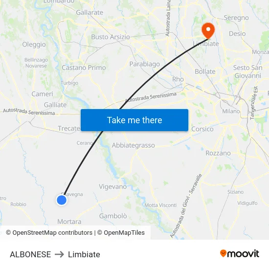 Albonese to Limbiate map