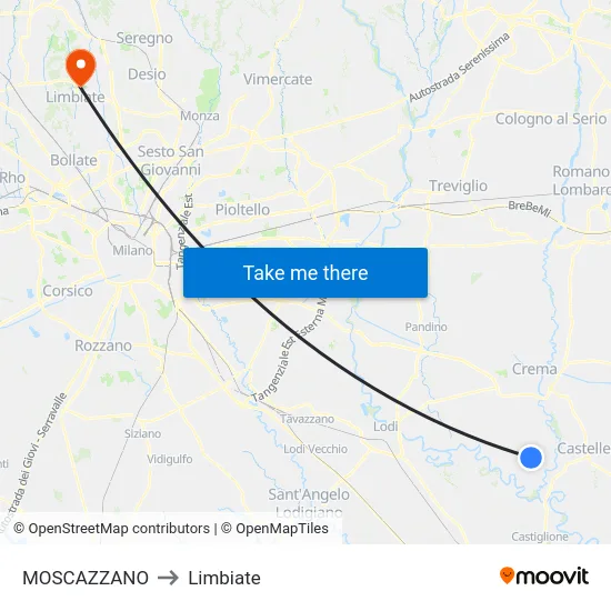 Moscazzano to Limbiate map