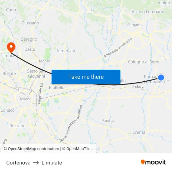 Cortenova to Limbiate map