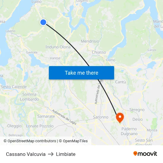 Cassano Valcuvia to Limbiate map