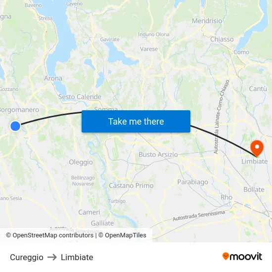 Cureggio to Limbiate map