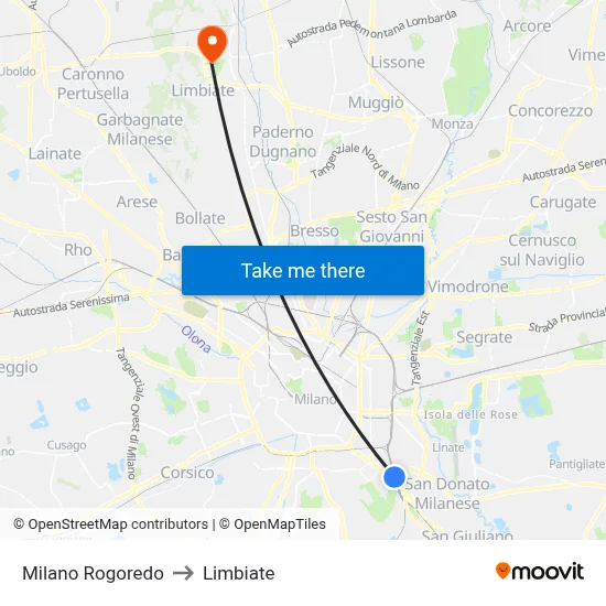 Milan Rogoredo to Limbiate map