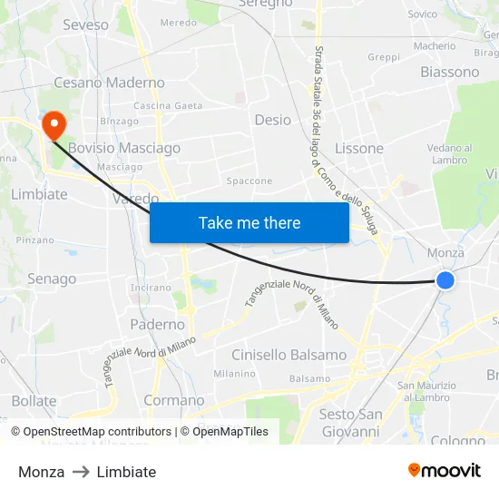 Monza to Limbiate map