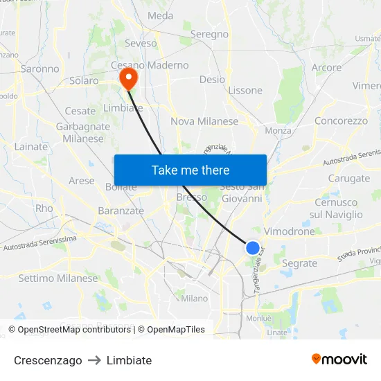 Crescenzago to Limbiate map