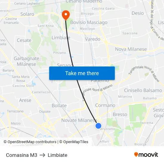 Comasina M3 to Limbiate map