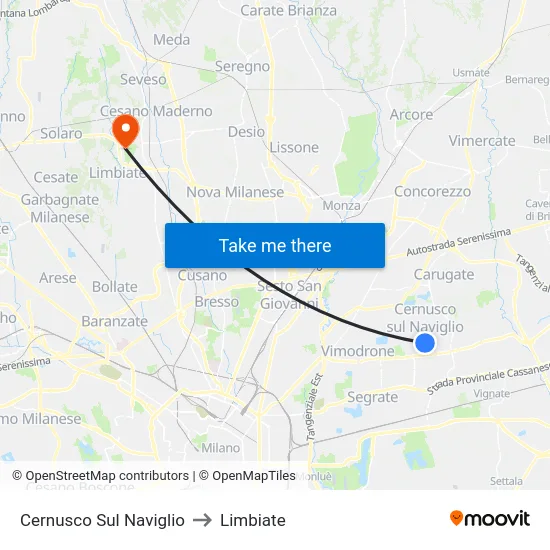Cernusco Sul Naviglio to Limbiate map