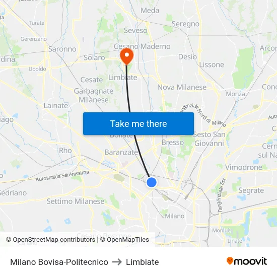 Milan Bovisa-Polytechnic to Limbiate map
