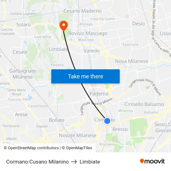 Cormano-Cusano Milanino to Limbiate map