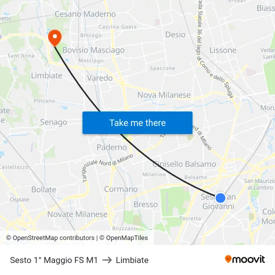 Sesto 1° Maggio FS M1 to Limbiate map