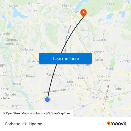 Corbetta to Lipomo map