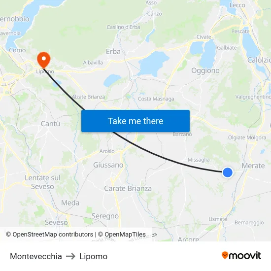 Montevecchia to Lipomo map