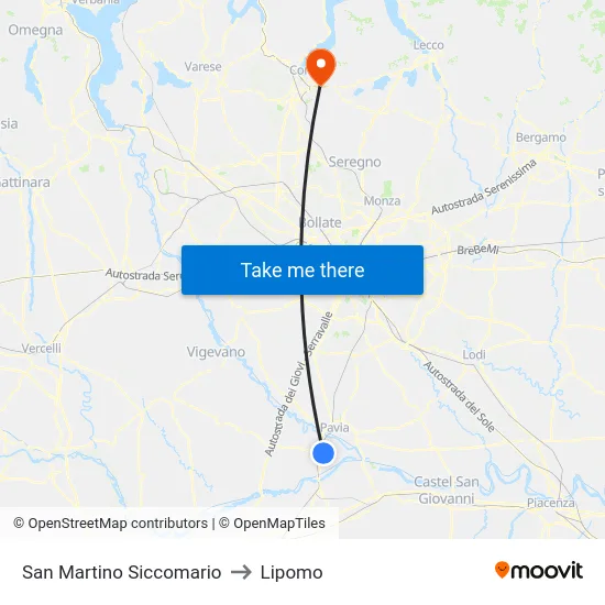 San Martino Siccomario to Lipomo map