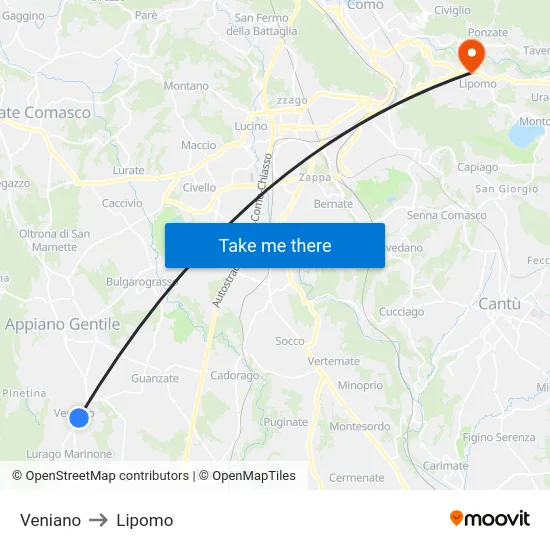 Veniano to Lipomo map