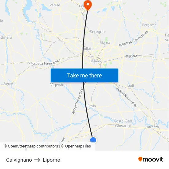Calvignano to Lipomo map