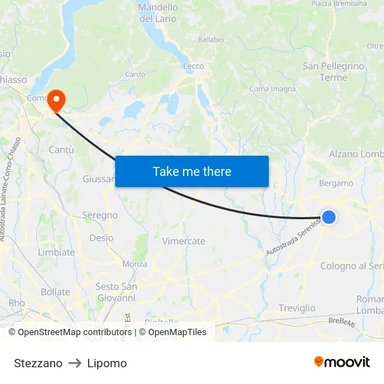Stezzano to Lipomo map