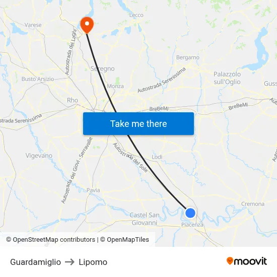 Guardamiglio to Lipomo map