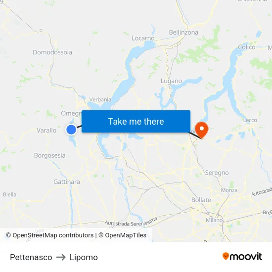 Pettenasco to Lipomo map