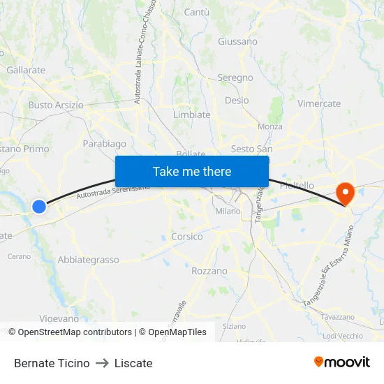 Bernate Ticino to Liscate map