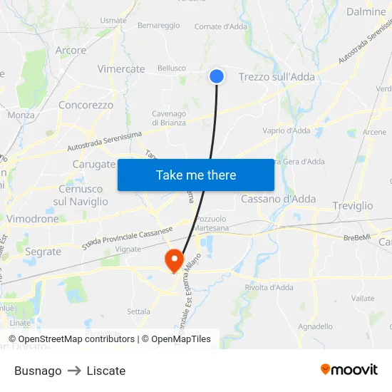 Busnago to Liscate map