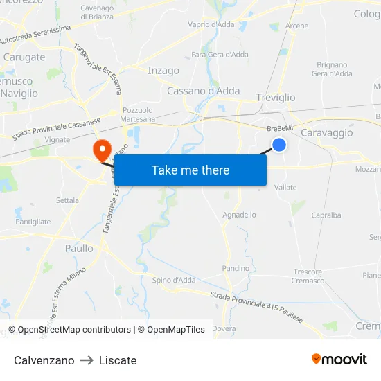 Calvenzano to Liscate map