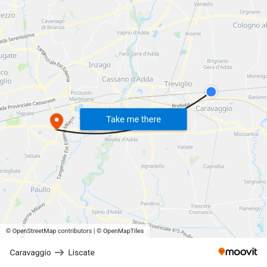 Caravaggio to Liscate map