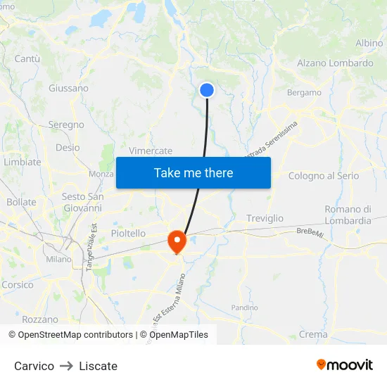 Carvico to Liscate map
