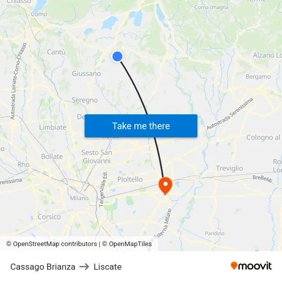 Cassago Brianza to Liscate map