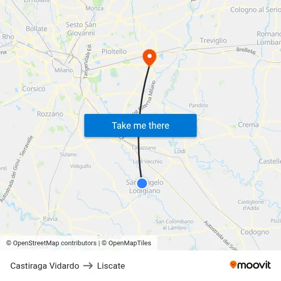 Castiraga Vidardo to Liscate map