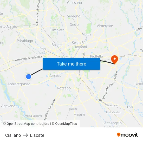 Cisliano to Liscate map