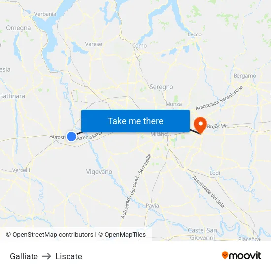 Galliate to Liscate map