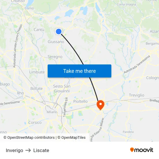 Inverigo to Liscate map