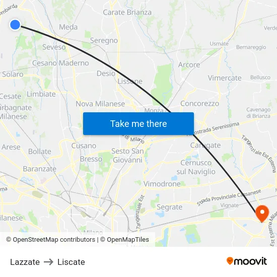 Lazzate to Liscate map