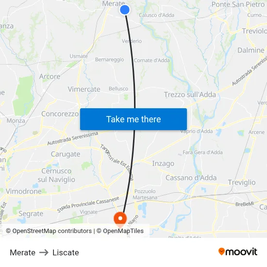 Merate to Liscate map