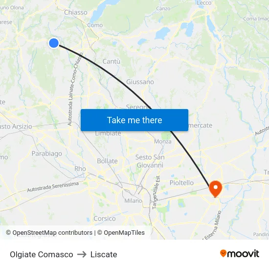 Olgiate Comasco to Liscate map