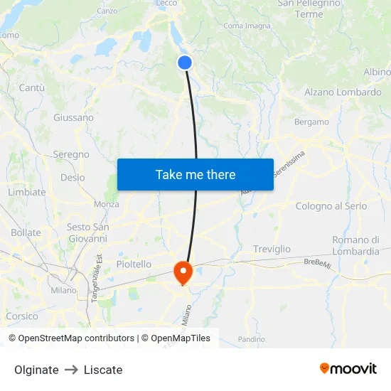 Olginate to Liscate map