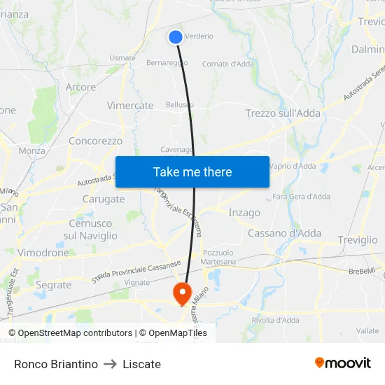 Ronco Briantino to Liscate map