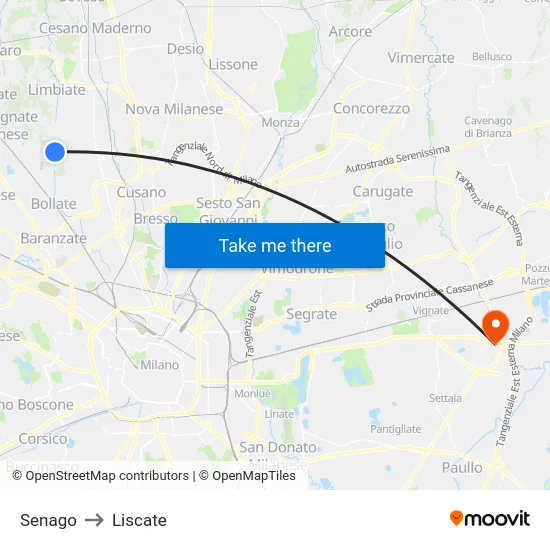 Senago to Liscate map