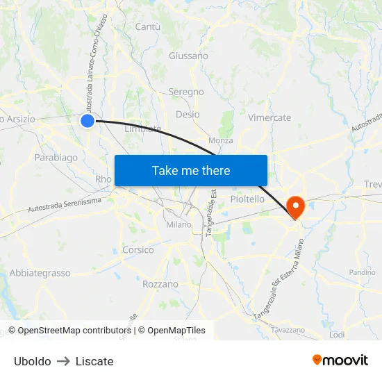 Uboldo to Liscate map