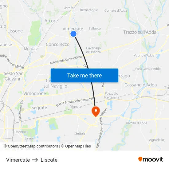 Vimercate to Liscate map